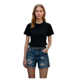 NEW POL Medium All Cotton Blue Denim Shorts Hi-Rise Distressed Raw Edge Hem